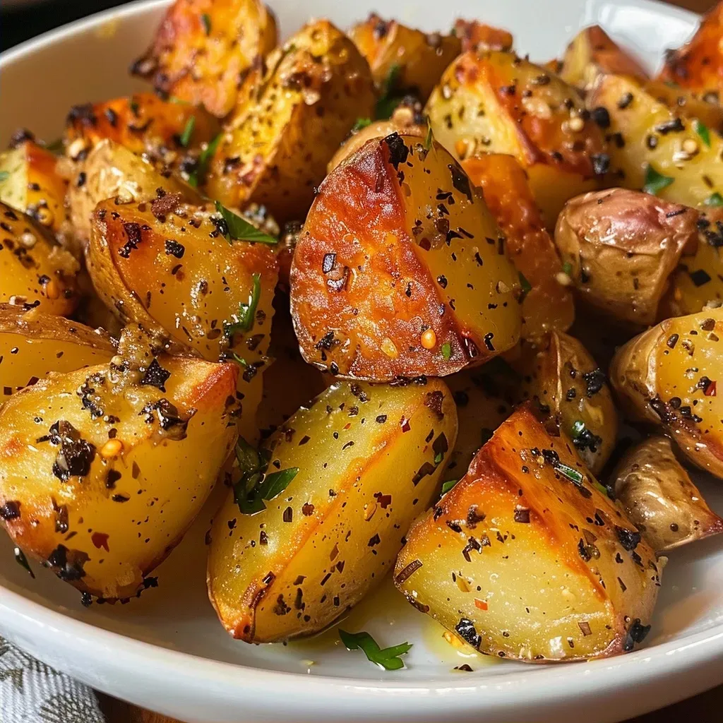 Close-up view of golden-brown ranch potatoes in a bowl, glistening with olive oil.