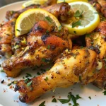 ['Close-up view of crispy Air Fryer Lemon Pepper Wings coated in seasoning.', 'Golden-brown chicken wings garnished with lemon and pepper seasoning on a plate.', 'Juicy air-fried lemon pepper chicken wings presented in a side view.', 'Deliciously crispy Air Fryer wings with lemon pepper seasoning displayed on a wooden surface.']
