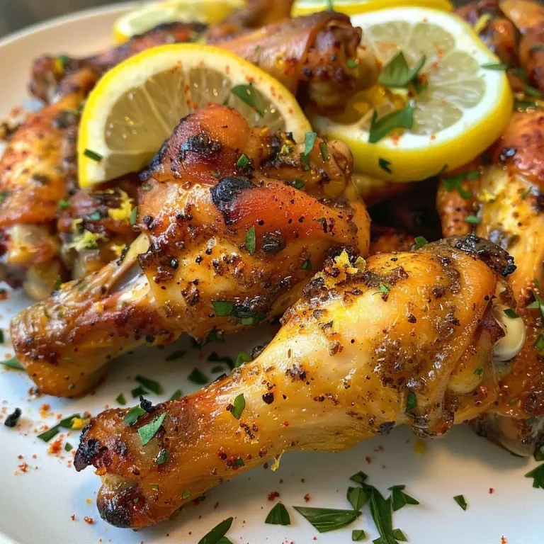 ['Close-up view of crispy Air Fryer Lemon Pepper Wings coated in seasoning.', 'Golden-brown chicken wings garnished with lemon and pepper seasoning on a plate.', 'Juicy air-fried lemon pepper chicken wings presented in a side view.', 'Deliciously crispy Air Fryer wings with lemon pepper seasoning displayed on a wooden surface.']