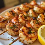 ['Close-up of juicy air fryer shrimp skewers with a glossy finish, garnished with herbs.', 'Side view of freshly cooked shrimp skewers, showcasing their golden-brown color and spices.', 'Delicious shrimp skewers arranged on a plate, highlighting the succulent texture and seasoning.', 'Vibrant air fryer shrimp skewers, glistening with olive oil and spices, ready to eat.']