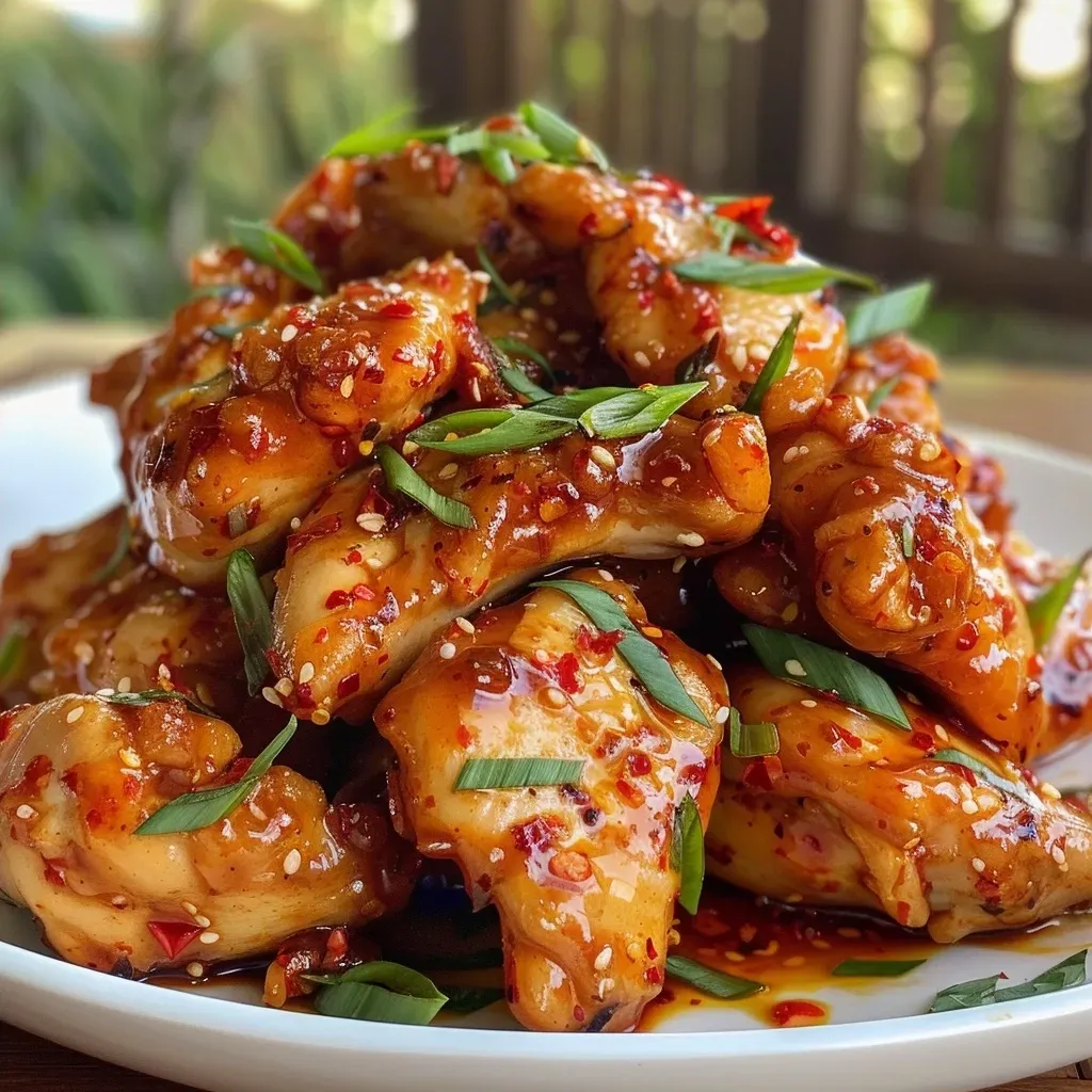 ['Close-up view of juicy Air Fryer Sweet Chili Chicken on a plate.', 'Side view of succulent chicken breast glazed with sweet chili sauce.', 'Tender Air Fryer chicken coated in a glossy sweet chili glaze.', 'Crispy skin-on chicken breast drizzled with sweet chili sauce.']