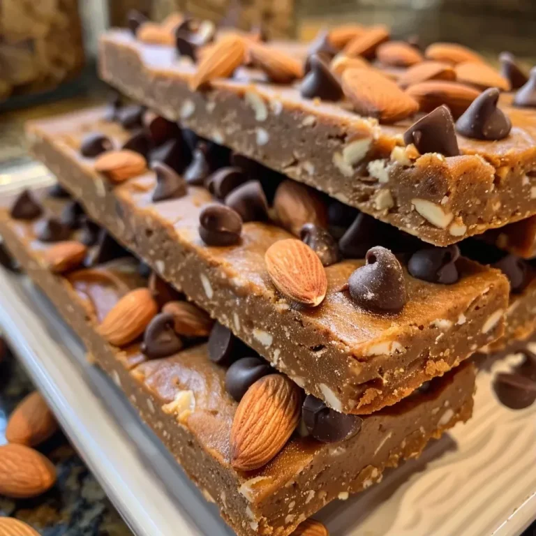 ['A close-up side view of vegan almond butter protein bars, showing layers and chocolate chips.', 'Juicy almond butter protein bars with chocolate chips, displayed from a side angle.', 'Delicious almond butter protein bars, highlighting their texture and ingredients from a close-up view.', 'An iPhone photo of vegan almond butter protein bars, featuring a side perspective with visible chocolate chips.']