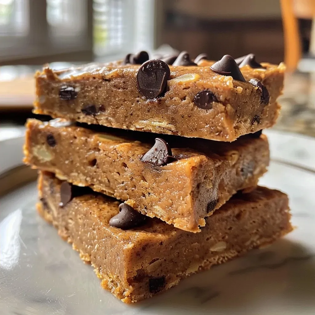 ['A close-up side view of vegan almond butter protein bars, showing layers and chocolate chips.', 'Juicy almond butter protein bars with chocolate chips, displayed from a side angle.', 'Delicious almond butter protein bars, highlighting their texture and ingredients from a close-up view.', 'An iPhone photo of vegan almond butter protein bars, featuring a side perspective with visible chocolate chips.']