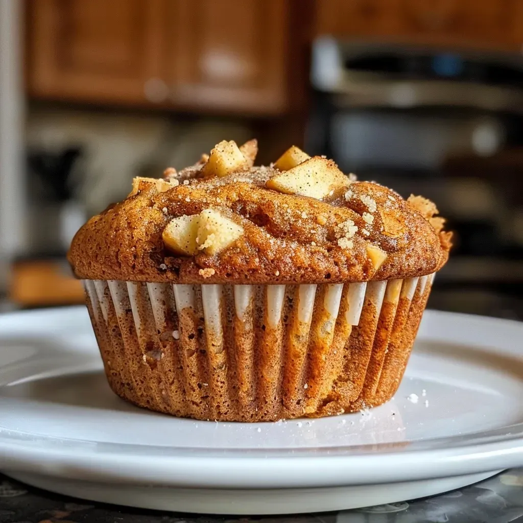 ['Close-up side view of moist apple cinnamon muffins with a golden-brown crust.', 'Freshly baked apple cinnamon muffins displayed on a wooden surface.', 'Delicious apple cinnamon muffins with chunks of apple visible in the batter.', 'Side view of fluffy muffins, showcasing a sprinkle of cinnamon on top.']