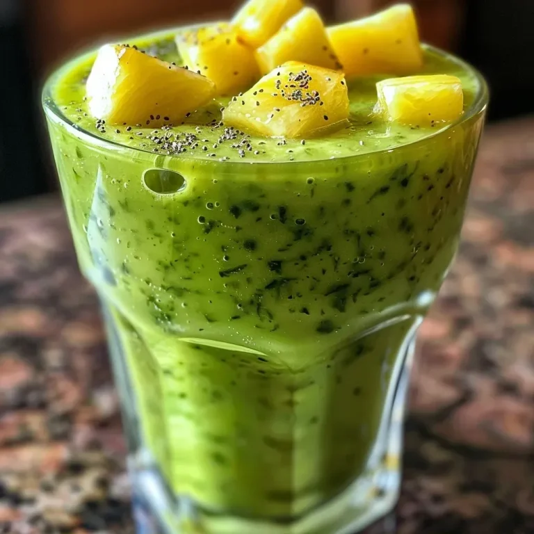 ['Close-up of a creamy green smoothie featuring avocado and pineapple.', 'Side view of a vibrant green smoothie in a glass, showcasing avocado and pineapple pieces.', 'Refreshing avocado and pineapple smoothie with a smooth texture, garnished with spinach.', 'Thick green smoothie filled with avocado and pineapple, served in a transparent glass.']