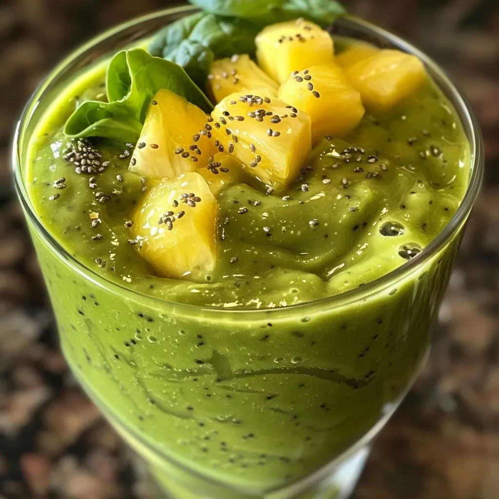 ['Close-up of a creamy green smoothie featuring avocado and pineapple.', 'Side view of a vibrant green smoothie in a glass, showcasing avocado and pineapple pieces.', 'Refreshing avocado and pineapple smoothie with a smooth texture, garnished with spinach.', 'Thick green smoothie filled with avocado and pineapple, served in a transparent glass.']