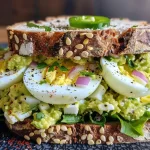 Close-up of a juicy avocado egg salad sandwich with vibrant green filling.