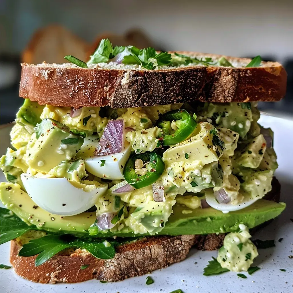 Side view of a sandwich filled with chunky avocado egg salad on toasted bread.