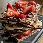 ['Close-up of a delicious Banana Bark, showcasing layered banana slices and chocolate chips.', 'Side view of Banana Bark with visible peanut butter, banana slices, and a sprinkle of sea salt.', 'Juicy Banana Bark featuring thin banana slices and melted chocolate chips.', 'Detailed view of Banana Bark highlighting organic ingredients like bananas and almond butter.']