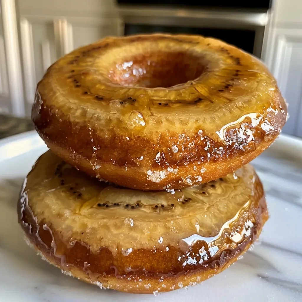 ['A side view of delicious banana bread donuts on a wooden surface.', 'Close-up of moist banana bread donuts, showcasing their texture and sweetness.', 'A tantalizing display of banana bread donuts, highlighting their golden-brown color.', 'Juicy banana bread donuts arranged on a rustic table, emphasizing their flavorful surface.']