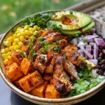 ['Close-up view of a BBQ Chicken Sweet Potato Bowl featuring diced sweet potatoes, chicken, avocado, and toppings.', 'Side angle photo of a colorful BBQ Chicken Sweet Potato Bowl filled with ingredients like chicken, sweet potatoes, and corn.', 'Detailed shot of a BBQ Chicken Sweet Potato Bowl showcasing juicy chicken, black beans, and shredded cheese.', 'Close-up image of a vibrant BBQ Chicken Sweet Potato Bowl with fresh avocado and cilantro on top.']