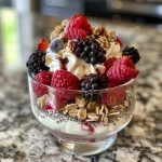 ['Close-up view of a berry and chia yogurt parfait in a glass cup.', 'Side view of a layered yogurt parfait with chia seeds and fresh berries.', 'Juicy berry and chia yogurt parfait displayed in a transparent glass.', 'Delicious yogurt parfait featuring fresh berries and chia seeds.']