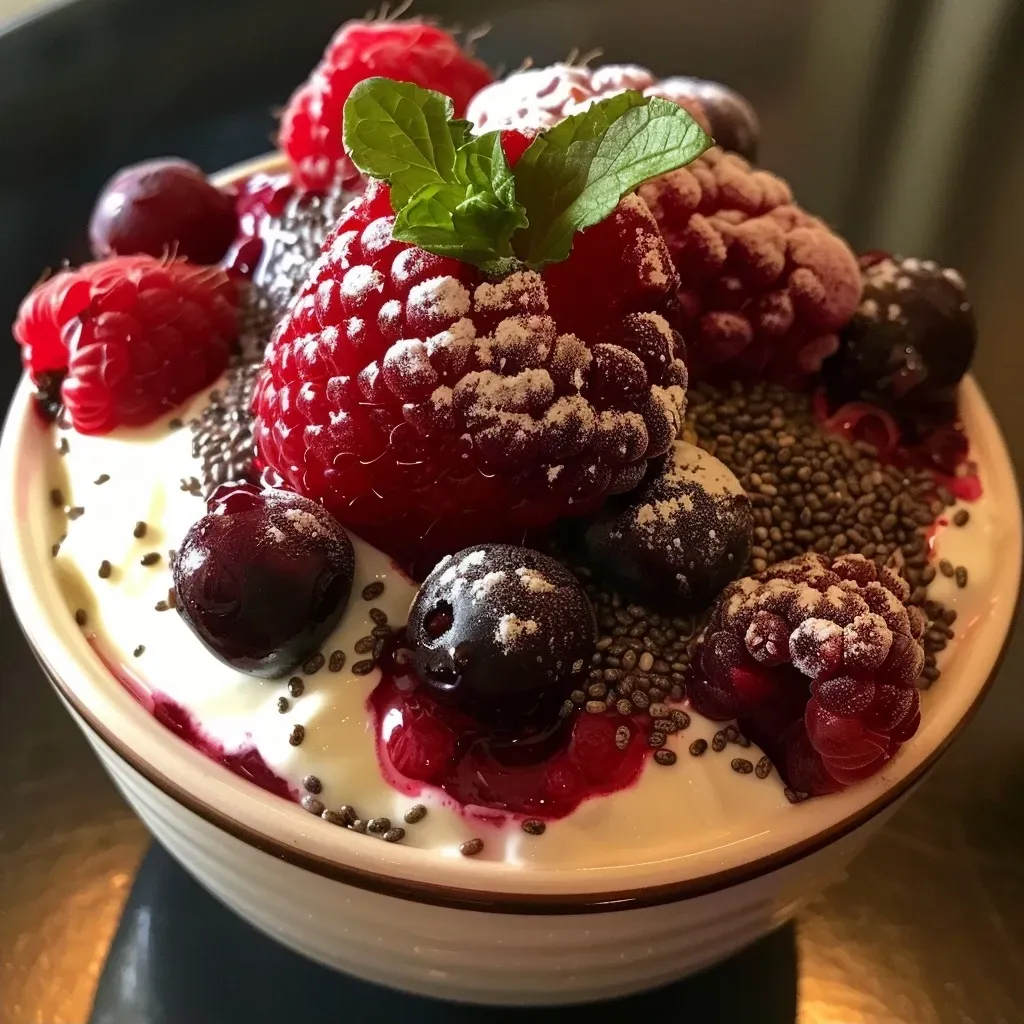 ['Close-up view of a berry and chia yogurt parfait in a glass cup.', 'Side view of a layered yogurt parfait with chia seeds and fresh berries.', 'Juicy berry and chia yogurt parfait displayed in a transparent glass.', 'Delicious yogurt parfait featuring fresh berries and chia seeds.']