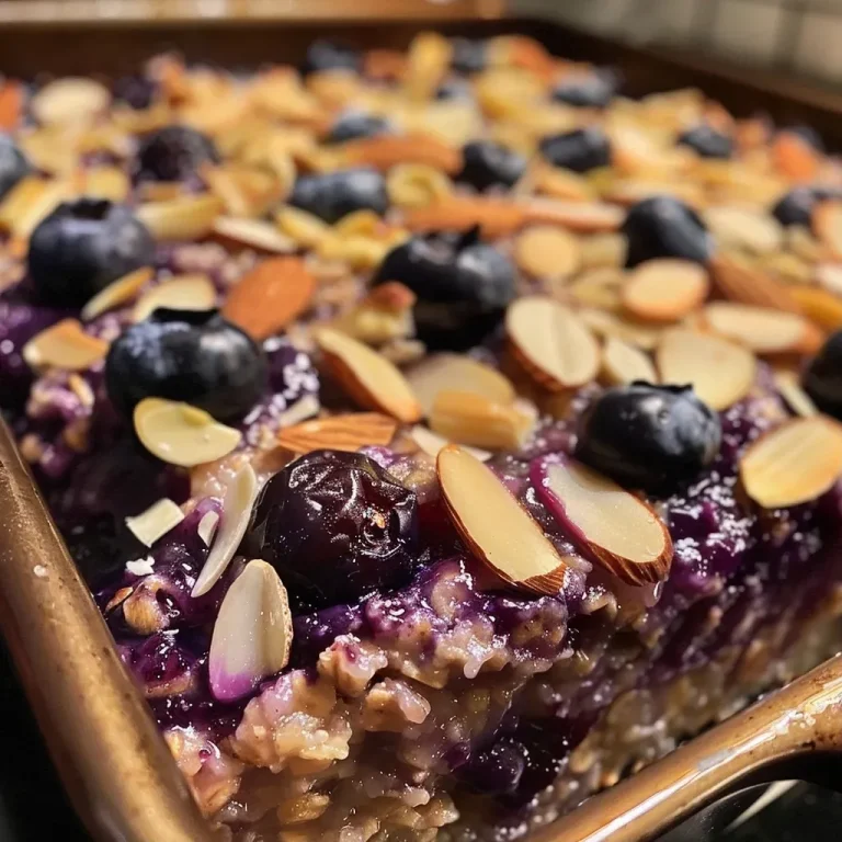['Close-up view of a freshly baked blueberry oatmeal dish topped with almonds.', 'Side perspective of a serving of blueberry baked oatmeal, showcasing its rich texture and berries.', 'Juicy blueberry baked oatmeal in a bowl, with a focus on the vibrant blue fruit and golden oats.', 'Delicious blueberry baked oatmeal recipe featured in a close-up shot, highlighting its fluffy appearance.']