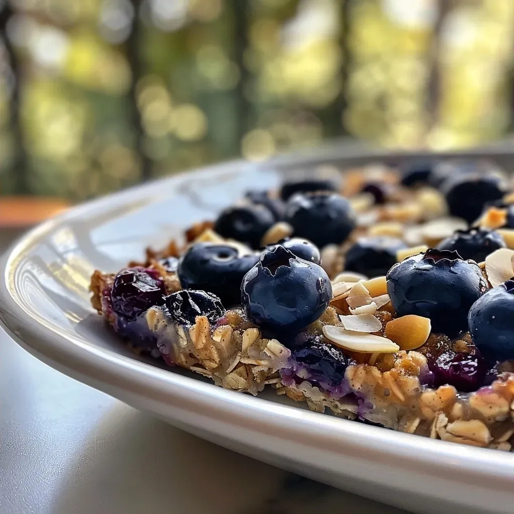 ['Close-up view of a freshly baked blueberry oatmeal dish topped with almonds.', 'Side perspective of a serving of blueberry baked oatmeal, showcasing its rich texture and berries.', 'Juicy blueberry baked oatmeal in a bowl, with a focus on the vibrant blue fruit and golden oats.', 'Delicious blueberry baked oatmeal recipe featured in a close-up shot, highlighting its fluffy appearance.']