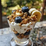 ['A close-up view of a Blueberry Banana Parfait in a glass jar, showcasing layers of yogurt, granola, blueberries, and banana slices.', 'Side view of a Blueberry Banana Parfait made with Greek yogurt, fresh blueberries, granola, and banana, highlighted in natural lighting.', 'Close-up image of a delectable parfait with multiple layers of Greek yogurt, blueberries, banana, and granola in a transparent glass.', 'Detailed shot of a Blueberry Banana Parfait, emphasizing the vibrant colors and textures of the ingredients stacked inside a jar.']