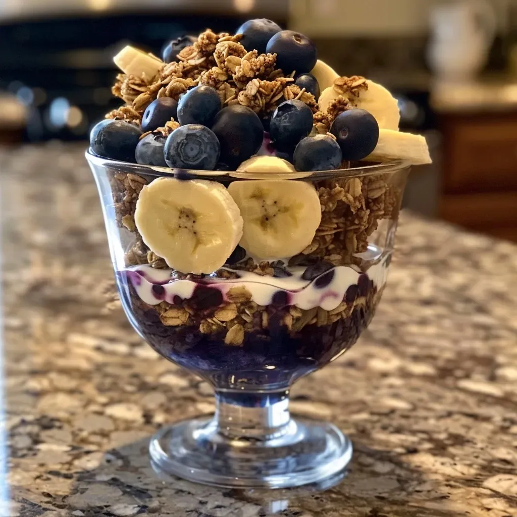 ['A close-up view of a Blueberry Banana Parfait in a glass jar, showcasing layers of yogurt, granola, blueberries, and banana slices.', 'Side view of a Blueberry Banana Parfait made with Greek yogurt, fresh blueberries, granola, and banana, highlighted in natural lighting.', 'Close-up image of a delectable parfait with multiple layers of Greek yogurt, blueberries, banana, and granola in a transparent glass.', 'Detailed shot of a Blueberry Banana Parfait, emphasizing the vibrant colors and textures of the ingredients stacked inside a jar.']