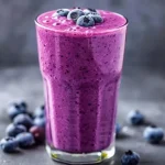 ['Close-up view of a blueberry smoothie with yogurt in a glass, showcasing its rich purple color.', 'Side angle photo of a creamy blueberry smoothie topped with fresh blueberries and yogurt swirls.', 'Detailed shot of a blueberry smoothie in a clear glass, with a thick, velvety texture and visible blueberries.', 'Refreshing blueberry smoothie with yogurt presented in a glass, highlighting its delicious hues and ingredients.']