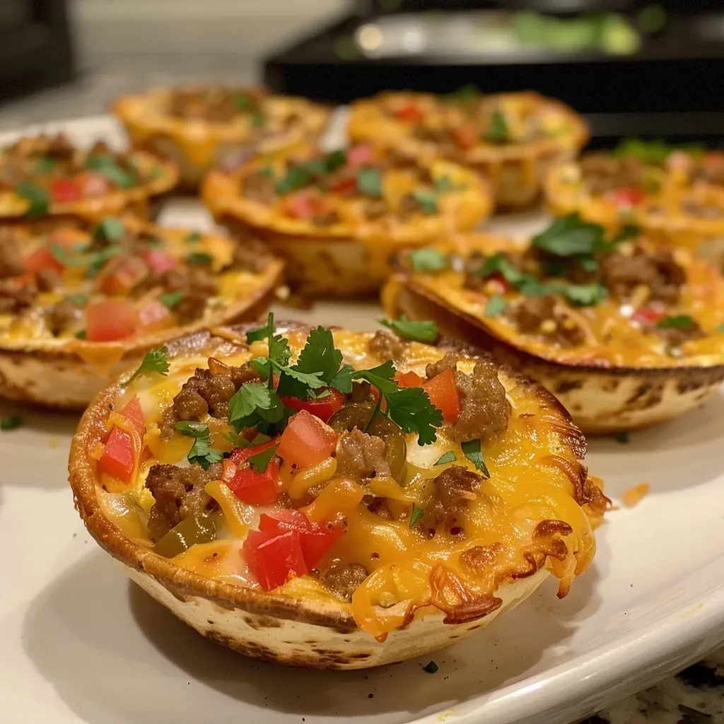 ['Close-up view of a Breakfast Taco Mini Tortilla Quiche, showcasing layered tortillas and colorful filling.', 'Side view of a delicious Breakfast Taco Mini Tortilla Quiche, highlighting melted cheese and diced vegetables.', 'Mouthwatering Breakfast Taco Mini Tortilla Quiche with a golden crust and vibrant ingredients visible.', 'Detailed side view of a Breakfast Taco Mini Tortilla Quiche, featuring ground turkey, peppers, and spices.']