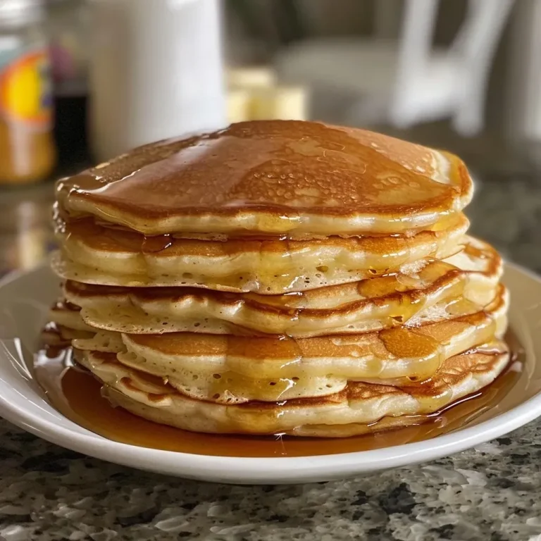 Close-up of fluffy buttermilk pancakes stacked with melted butter.