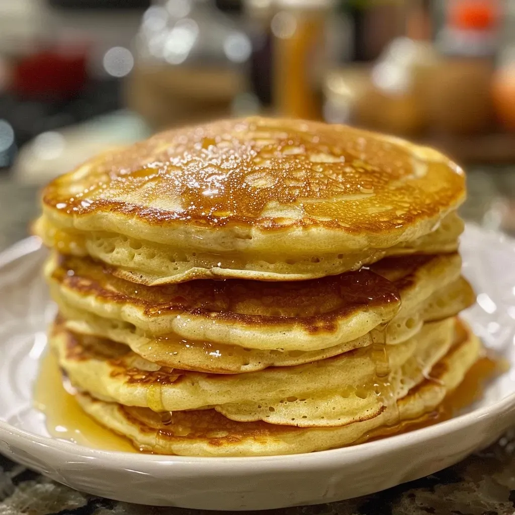 Side view of deliciously golden buttermilk pancakes on a plate.