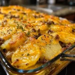 ['Close-up view of a cheesy hamburger potato casserole with melted cheese on top.', 'Side view of a hearty cheesy hamburger casserole, showcasing layers of potatoes and beef.', 'Juicy and golden cheesy hamburger potato casserole, highlighting the rich cheese topping.', 'Delicious cheesy casserole featuring ground beef and sliced potatoes in a creamy sauce.']