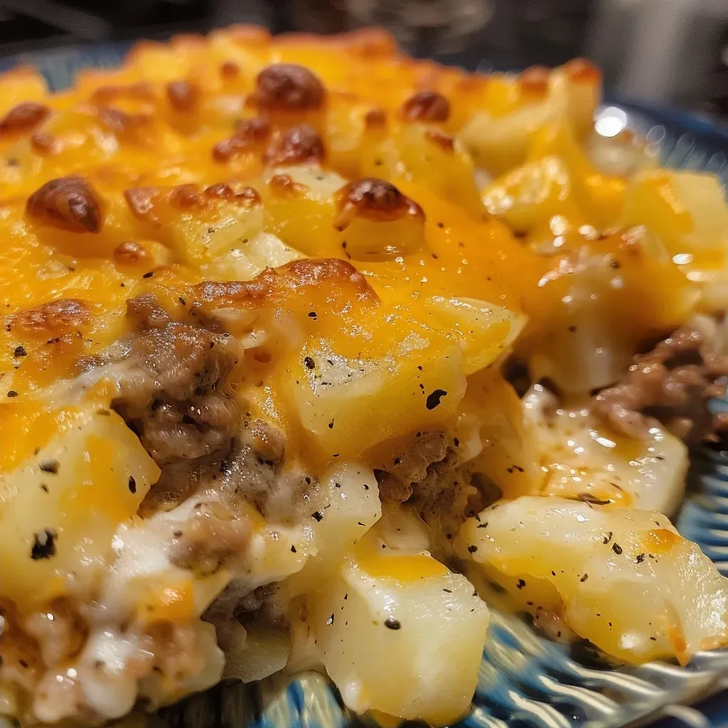 ['Close-up view of a cheesy hamburger potato casserole with melted cheese on top.', 'Side view of a hearty cheesy hamburger casserole, showcasing layers of potatoes and beef.', 'Juicy and golden cheesy hamburger potato casserole, highlighting the rich cheese topping.', 'Delicious cheesy casserole featuring ground beef and sliced potatoes in a creamy sauce.']