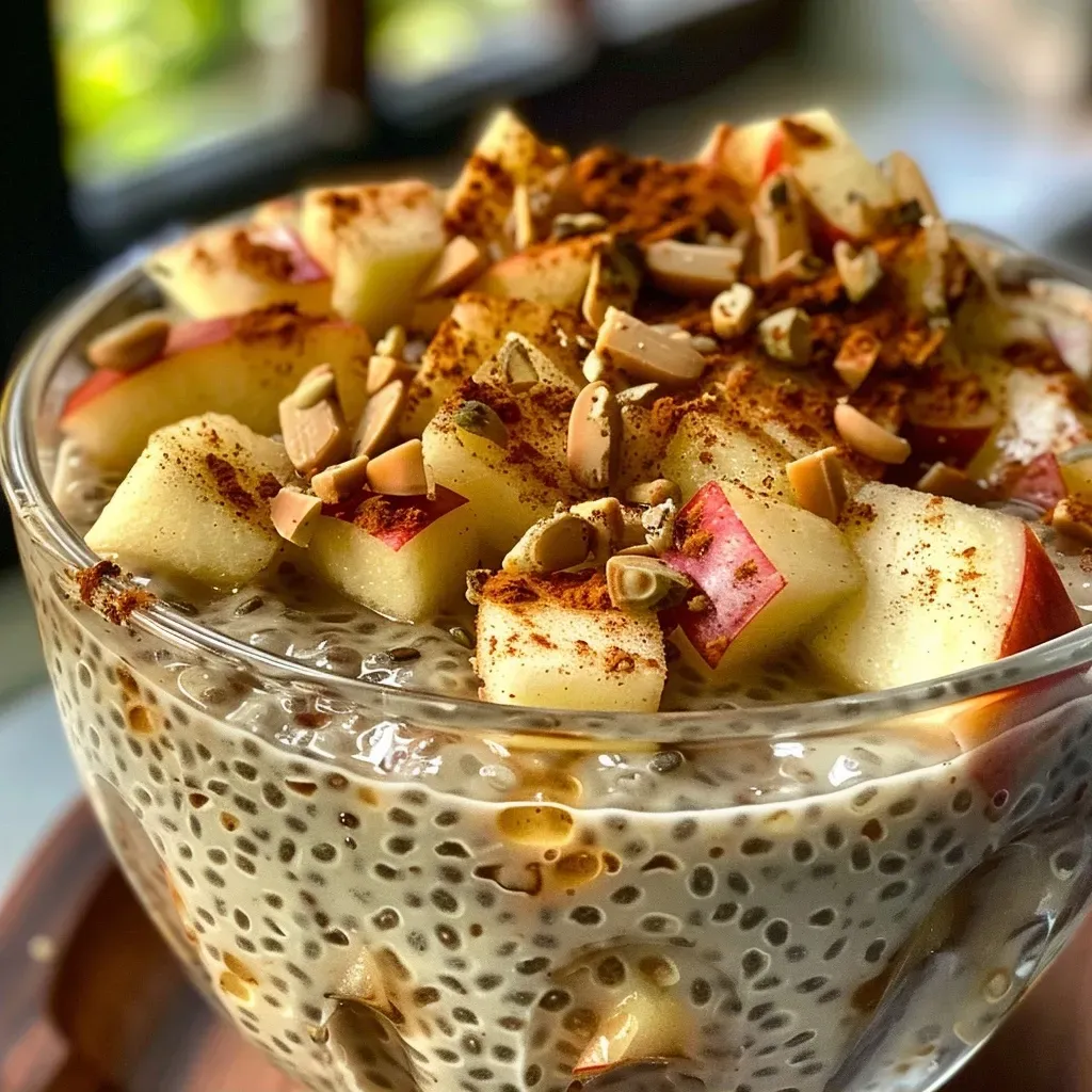 ['Close-up side view of a bowl of chia seed pudding topped with diced apples and a sprinkle of cinnamon.', 'A creamy chia seed pudding in a clear glass, featuring apple chunks and a cinnamon garnish.', 'Side view of a chia seed pudding dish with bright diced apples and a dusting of cinnamon, served in a modern bowl.', 'Delicious chia seed pudding displayed with fresh apple slices and a warm cinnamon layer, captured in natural light.']