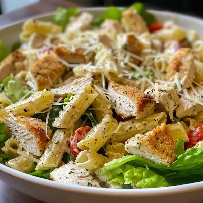 ['Close-up view of a Chicken Caesar Pasta Salad with pasta, chicken, lettuce, and tomatoes.', 'Side angle of a vibrant Chicken Caesar Pasta Salad showcasing fresh ingredients.', 'Detailed image of Chicken Caesar Pasta Salad featuring juicy chicken strips and colorful vegetables.', 'Close-up shot of a bowl filled with Chicken Caesar Pasta Salad, highlighting its textures.']