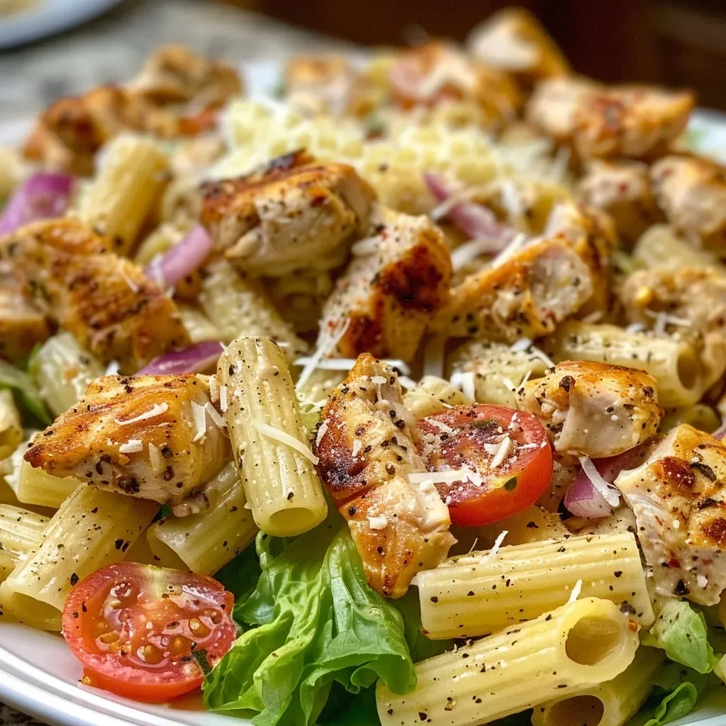 ['Close-up view of a vibrant Chicken Caesar Pasta Salad with greens and chicken on a white plate.', 'Juicy Chicken Caesar Pasta Salad featuring rotini pasta, shredded chicken, and croutons.', 'A colorful serving of Chicken Caesar Pasta Salad showcasing chopped romaine and Parmesan cheese.', 'Side view of a fresh Chicken Caesar Pasta Salad, highlighting its ingredients and textures.']