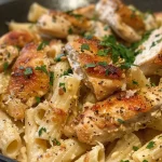 ['Close-up view of a creamy Chicken Garlic Parmesan Pasta with golden grilled chicken.', 'Side view of Chicken Garlic Parmesan Pasta garnished with parsley and melted cheese.', 'Rich Chicken Garlic Parmesan Pasta showcasing succulent chicken and pasta in a creamy sauce.', 'Juicy Chicken Garlic Parmesan Pasta with a glossy finish, highlighting the parmesan and garlic blend.']