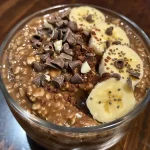 ['Close-up of Chocolate Banana Overnight Oats in a clear jar, topped with banana slices and chocolate shavings.', 'Side view of a serving of Chocolate Banana Overnight Oats, with creamy oats and fresh banana on top.', 'Detailed photo of Chocolate Banana Overnight Oats, showcasing the texture and ingredients like cocoa and chia seeds.', 'Succulent Chocolate Banana Overnight Oats in a glass jar, garnished with dark chocolate chips and banana slices.']
