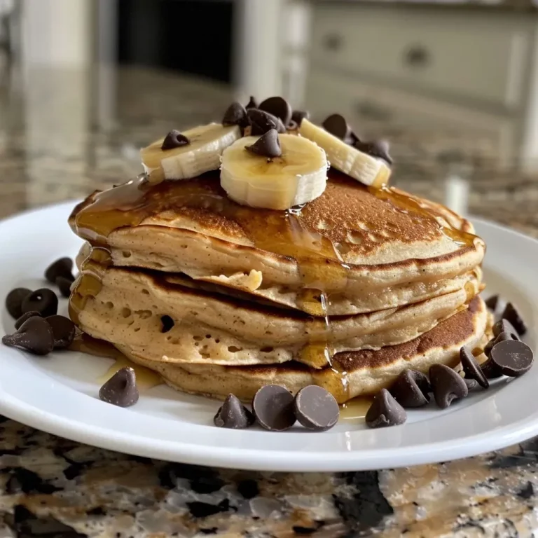Close-up view of a stack of chocolate chip banana protein pancakes topped with chocolate chips.
