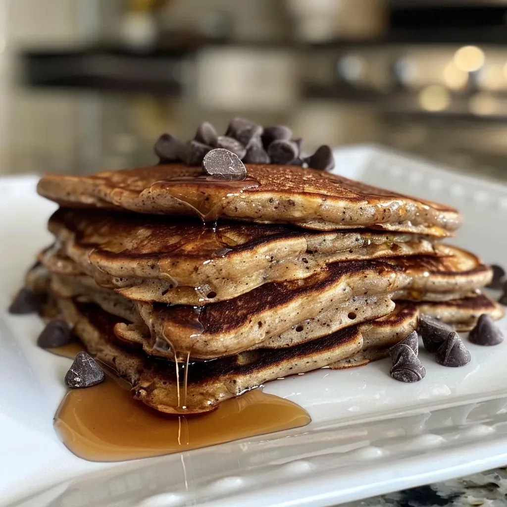 Side view of fluffy chocolate chip banana protein pancakes drizzled with syrup.