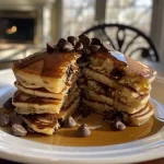 Close-up of golden-brown chocolate chip pancakes stacked on a plate, glistening with butter.