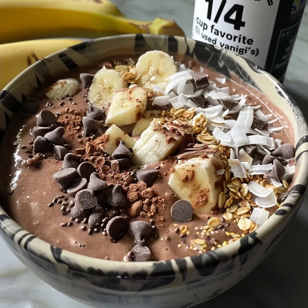 Close-up view of a Chocolate Coconut Protein Smoothie Bowl topped with granola and fresh fruit.