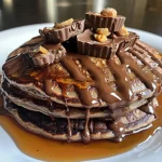 ['Close-up view of stacked Chocolate Peanut Butter Pancakes drizzled with chocolate syrup.', 'Side perspective of fluffy Chocolate Peanut Butter Pancakes topped with halved mini peanut butter cups.', 'Appetizing Chocolate Peanut Butter Pancakes with a rich, glossy chocolate syrup on top.', 'Delicious Chocolate Peanut Butter Pancakes resting on a plate, showcasing their creamy peanut butter filling.']