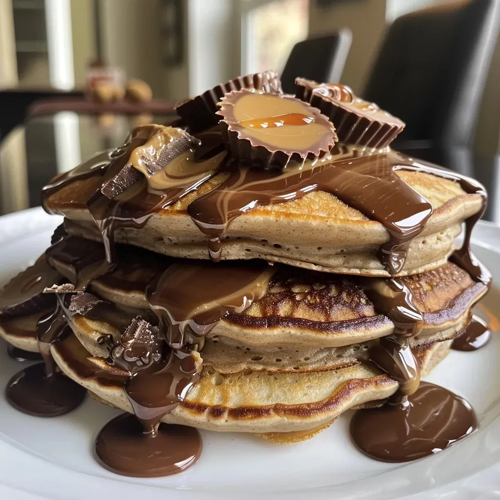 Close-up view of stacked Chocolate Peanut Butter Pancakes drizzled with chocolate syrup.