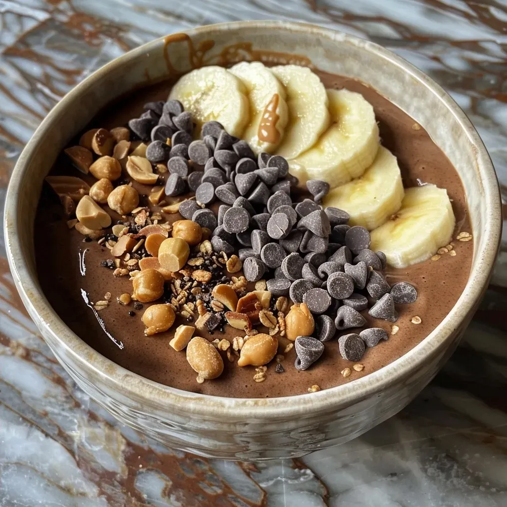 A side view of a delicious smoothie bowl featuring chocolate, peanut butter, and garnishes.