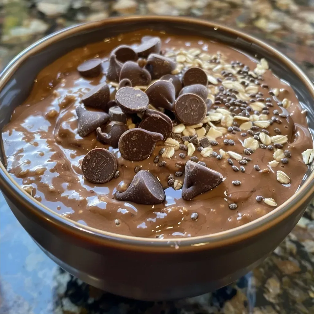 A close-up side view of a bowl of chocolate protein overnight oats topped with mini chocolate chips.