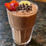 ['Close-up side view of a chocolate strawberry banana smoothie in a glass.', 'A vibrant smoothie made with strawberries and bananas, displayed in a glass.', 'Rich chocolate strawberry banana smoothie topped with fresh strawberries, side view.', 'Creamy smoothie featuring strawberries and bananas, presented in an elegant glass.']