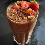 ['A close-up view of a chocolate strawberry smoothie in a glass, showcasing its rich color and creamy texture.', 'Side view of a delicious chocolate strawberry smoothie topped with fresh strawberries, placed on a wooden surface.', 'A vibrant chocolate strawberry smoothie in a clear glass, highlighting the smooth consistency and berry pieces.', 'A close-up shot of a silky chocolate strawberry smoothie surrounded by fresh strawberries and a banana.']