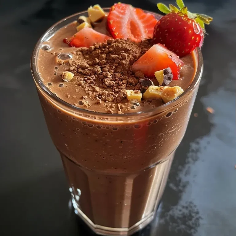 ['A close-up view of a chocolate strawberry smoothie in a glass, showcasing its rich color and creamy texture.', 'Side view of a delicious chocolate strawberry smoothie topped with fresh strawberries, placed on a wooden surface.', 'A vibrant chocolate strawberry smoothie in a clear glass, highlighting the smooth consistency and berry pieces.', 'A close-up shot of a silky chocolate strawberry smoothie surrounded by fresh strawberries and a banana.']