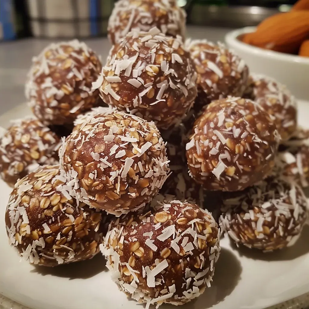 ['Close-up view of Coconut Protein Balls with coconut flakes on top.', 'Juicy Coconut Protein Balls displayed on a wooden surface, showing texture.', 'Side view of protein balls rolled in coconut flakes, captured with an iPhone.', 'Nutrient-rich Coconut Protein Balls with visible chunks of coconut and dates.']