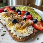 Close-up view of a delicious cottage cheese breakfast toast with colorful toppings.