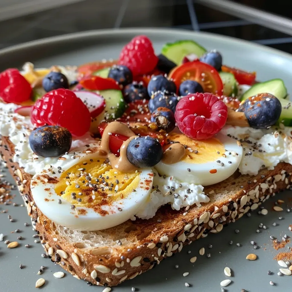 Side view of cottage cheese toast topped with berries, avocado, and smoked salmon.