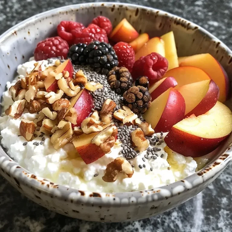 ['Close-up of a cottage cheese protein bowl topped with fresh fruit and nuts.', 'Side view of a nutritious cottage cheese bowl filled with colorful berries and nuts.', 'Delicious cottage cheese bowl garnished with peaches, almonds, and a drizzle of honey.', 'Healthy breakfast bowl featuring cottage cheese, fresh fruit, and chia seeds.']