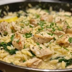 ['Creamy Chicken Orzo dish in a white bowl with fresh herbs.', 'Close-up of a plate of Chicken Orzo with spinach and Parmesan.', 'Side view of a serving of Creamy Chicken Orzo featuring chicken cubes.', 'Appetizing Creamy Chicken Orzo garnished with thyme and oregano.']