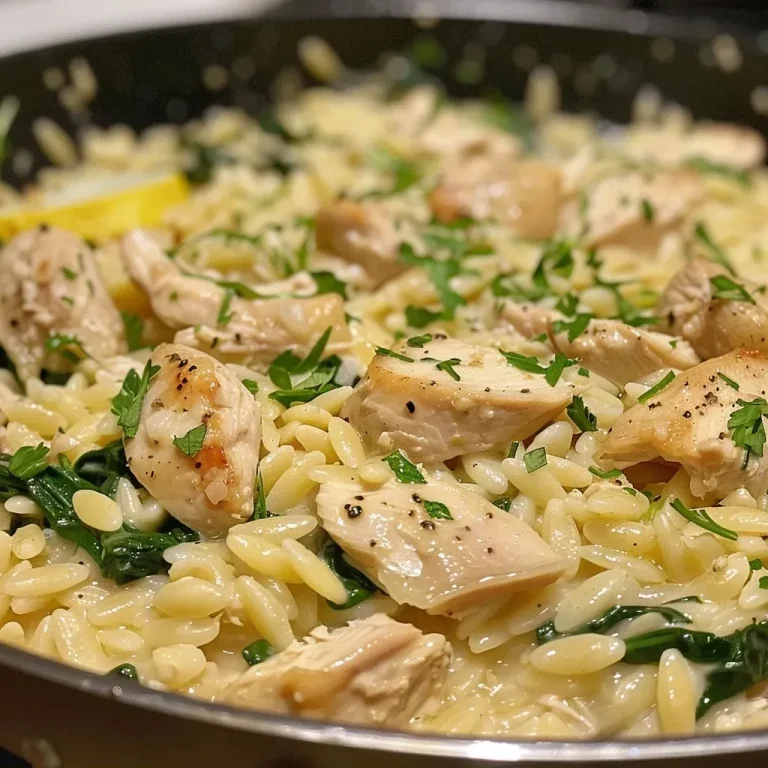 ['Creamy Chicken Orzo dish in a white bowl with fresh herbs.', 'Close-up of a plate of Chicken Orzo with spinach and Parmesan.', 'Side view of a serving of Creamy Chicken Orzo featuring chicken cubes.', 'Appetizing Creamy Chicken Orzo garnished with thyme and oregano.']