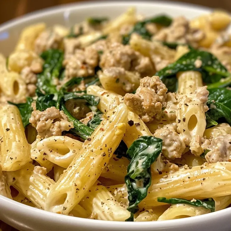 ['A close-up side view of creamy ground turkey spinach pasta in a white bowl.', 'A detailed shot showing creamy pasta with ground turkey and fresh spinach, garnished with Parmesan.', 'A luscious serving of pasta featuring ground turkey and spinach, highlighted by a creamy sauce.', 'A vibrant bowl of creamy pasta made with ground turkey and chopped spinach, emphasizing texture.']